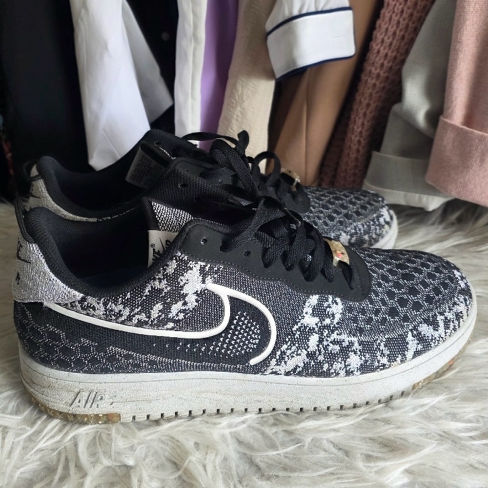Nike Air Force 1 Low Crater Flyknit Black White Melange LIKE NEW snake skin